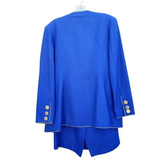 Vintage 80s Electric Blue Wool Power Skirt Suit L XL Rhinestone Buttons - Picture 8 of 13